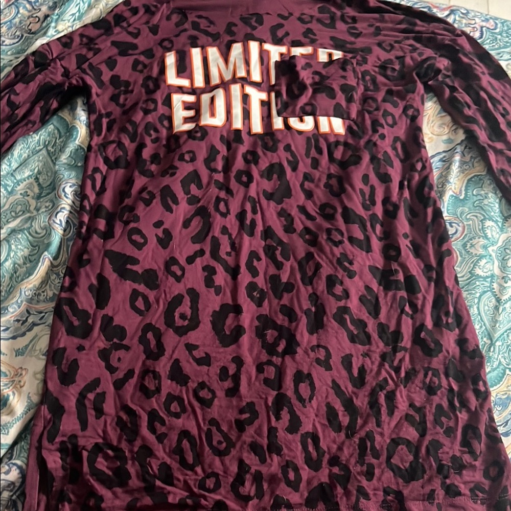 Maroon Graphic Hoodie with Leopard Print and Metallic Gold Text